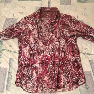 Bugatchi red, white, and black patterned button up. Worn 2-4 times. Size Large